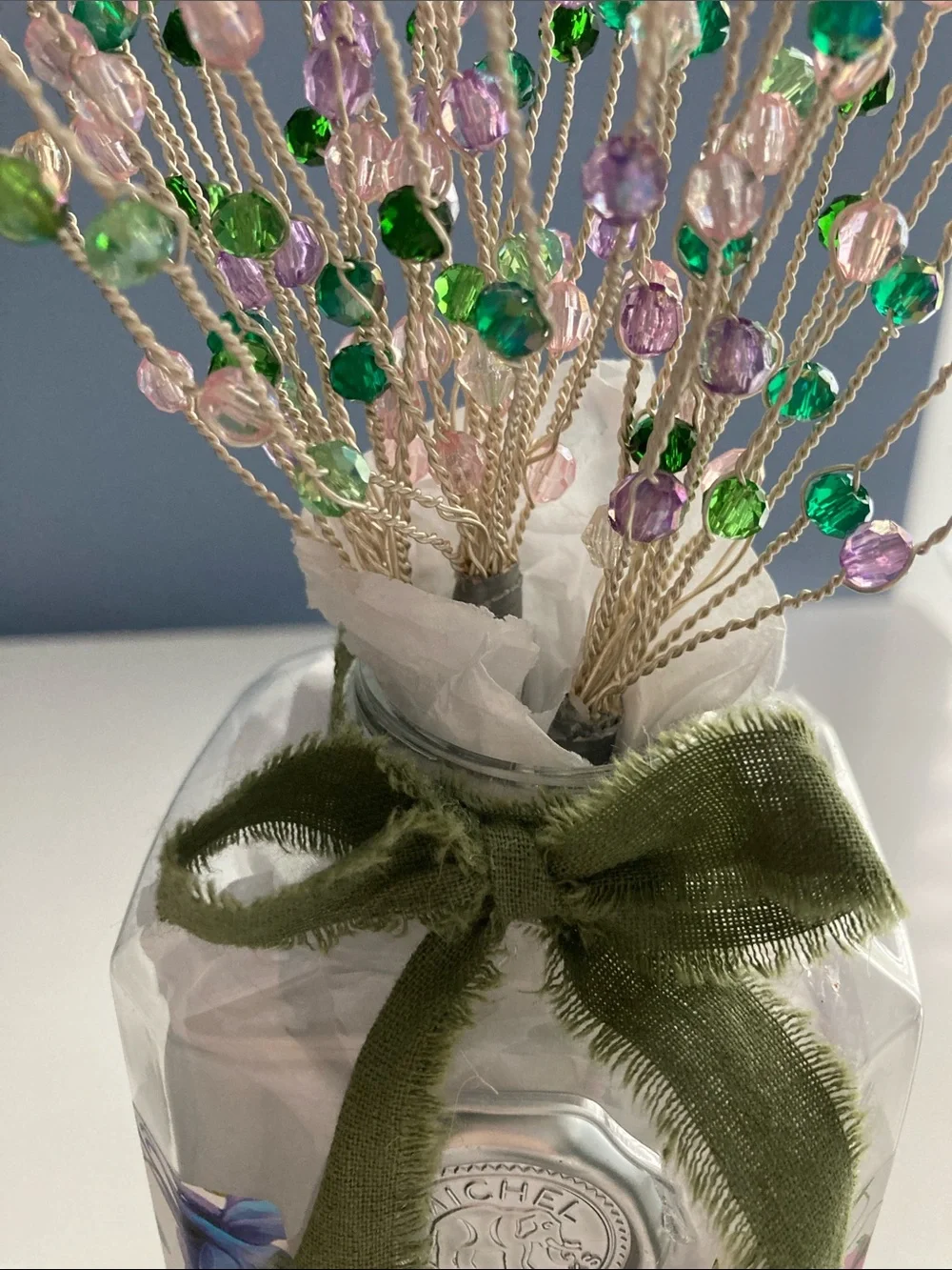 HANDMADE BUTTERFLY BOUQUET W VASE PURPLE PINK GREEN SILVER WIRE WRAPPED FLORAL